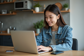Jeune femme utilisant un ordinateur dans un appartement moderne