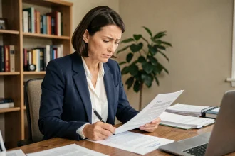 Femme lisant attentivement un contrat d'assurance Matmut avant résiliation par nouvelle assurance