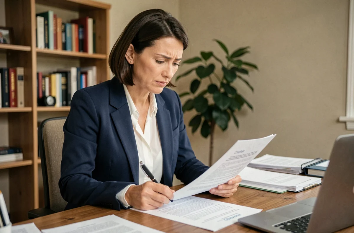 Femme lisant attentivement un contrat d'assurance Matmut avant résiliation par nouvelle assurance