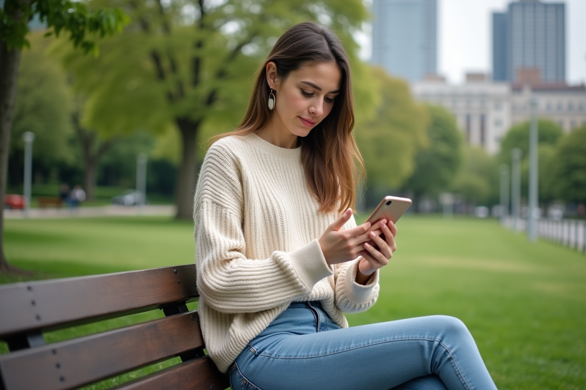 Jeune femme lisant des nouvelles financières sur son smartphone dans un parc