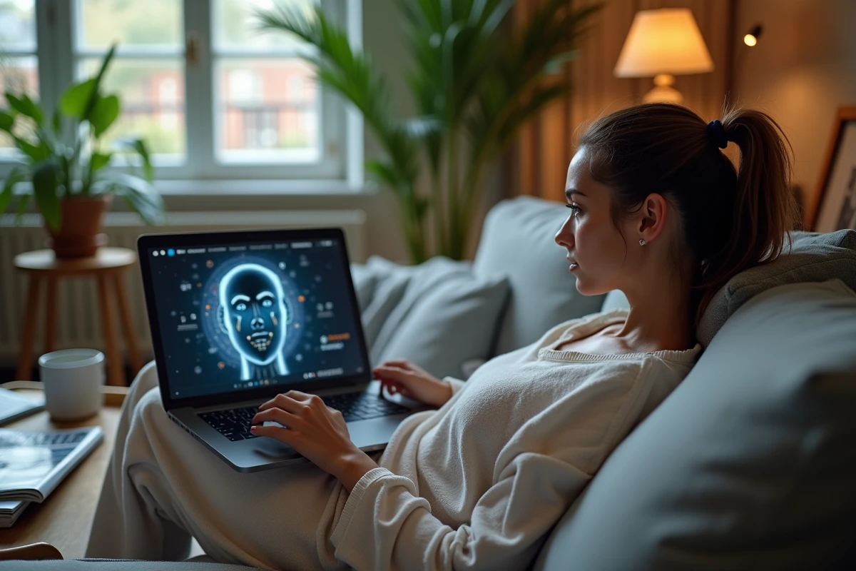 Jeune femme relaxant avec un ordinateur et interface AI