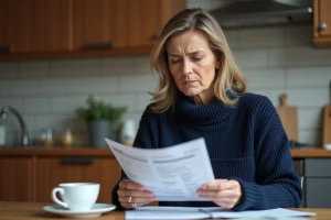 Femme consultant son livret A et un relevé bancaire à la table de cuisine, exprimant une inquiétude face à l'inflation