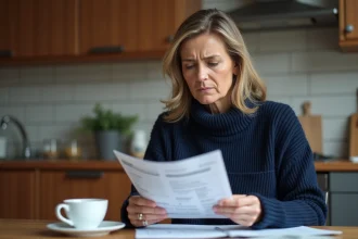 Femme consultant son livret A et un relevé bancaire à la table de cuisine, exprimant une inquiétude face à l'inflation