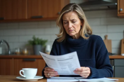Femme consultant son livret A et un relevé bancaire à la table de cuisine, exprimant une inquiétude face à l'inflation