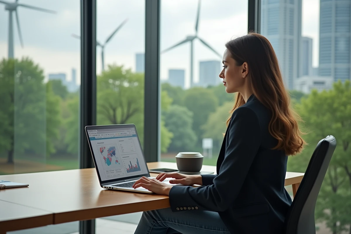 Jeune femme analysant un rapport économique avec vue sur la ville