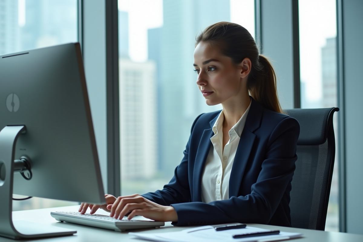 Jeune femme travaillant sur un calculateur en milieu urbain