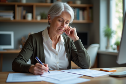 Femme organisée examinant des documents dans un bureau moderne