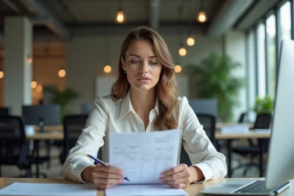 Femme d affaires examine une fiche de paie au bureau