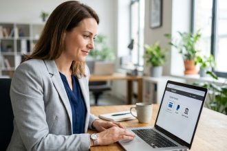 Femme d'affaires choisissant une option de paiement en ligne sur un ordinateur portable dans un bureau moderne
