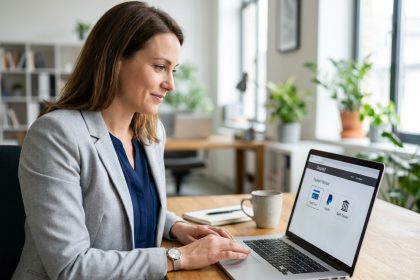 Femme d'affaires choisissant une option de paiement en ligne sur un ordinateur portable dans un bureau moderne