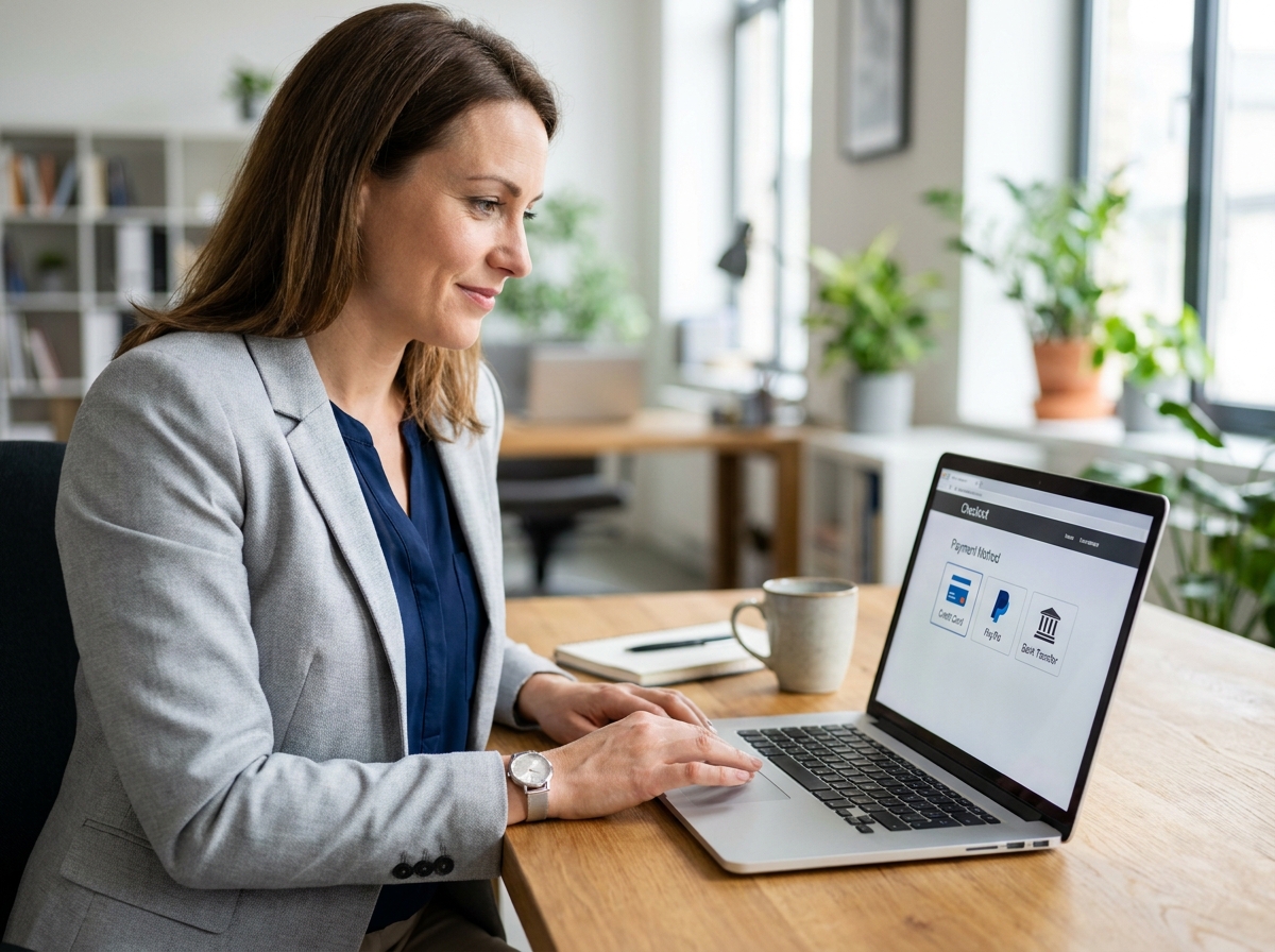 Femme d'affaires choisissant une option de paiement en ligne sur un ordinateur portable dans un bureau moderne