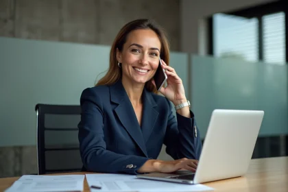 Femme professionnelle en costume bleu dans un bureau moderne