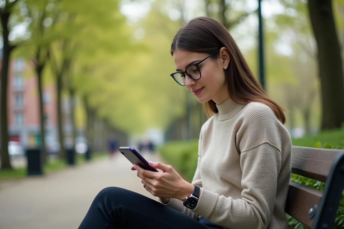 Jeune femme regardant son application bancaire au parc