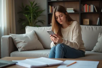 Jeune femme frustrée avec smartphone dans un salon moderne