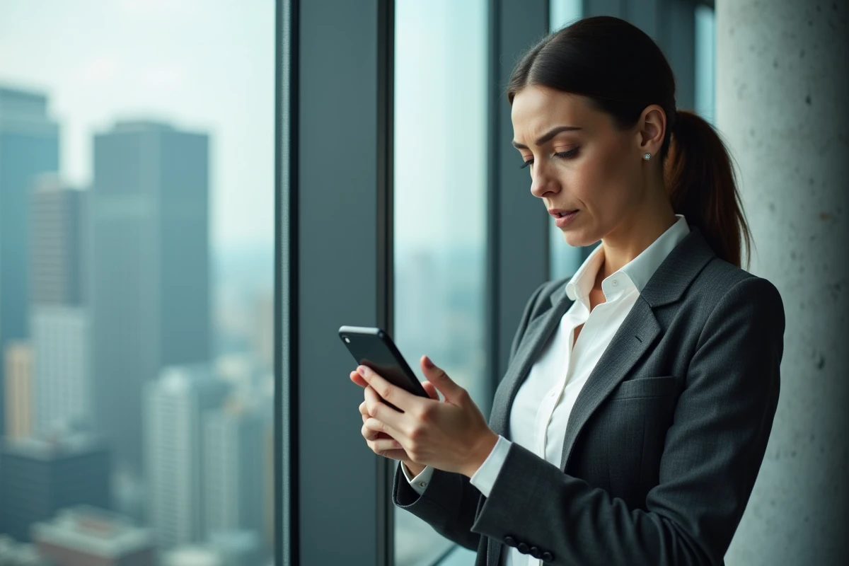 Femme vérifiant la sécurité de son compte BNP Banque Privée sur smartphone dans un bureau en hauteur