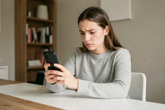 Jeune femme consultant le service client Lydia sur son smartphone depuis son bureau à domicile