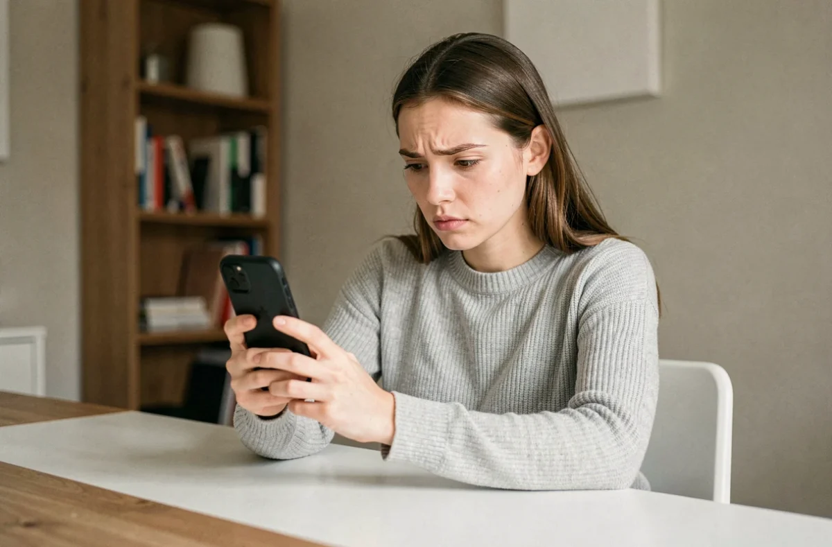 Jeune femme consultant le service client Lydia sur son smartphone depuis son bureau à domicile