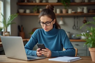 Jeune femme regardant son smartphone dans la cuisine
