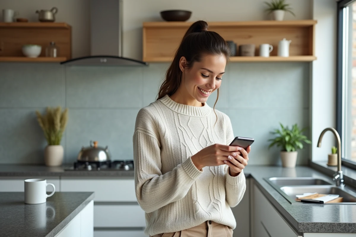 Femme souriante utilisant son smartphone dans la cuisine moderne