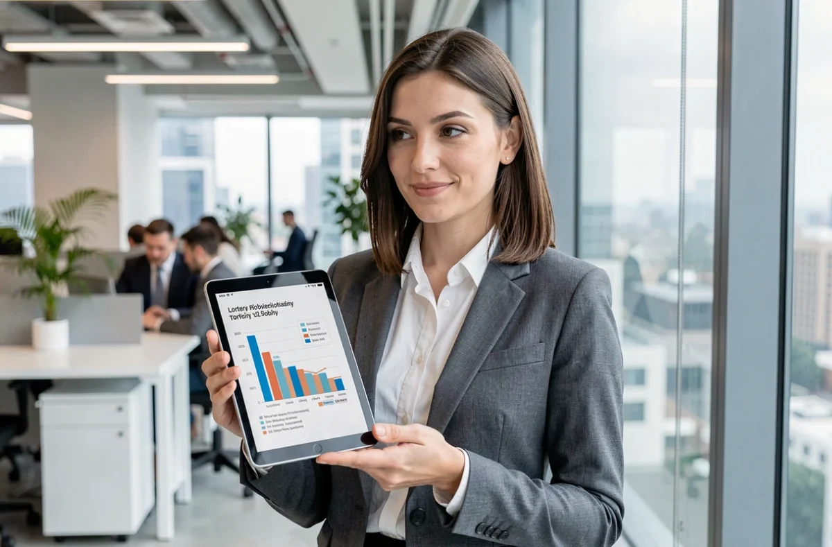 Femme analysant des statistiques de probabilités de loterie EuroMillions sur une tablette dans un bureau moderne