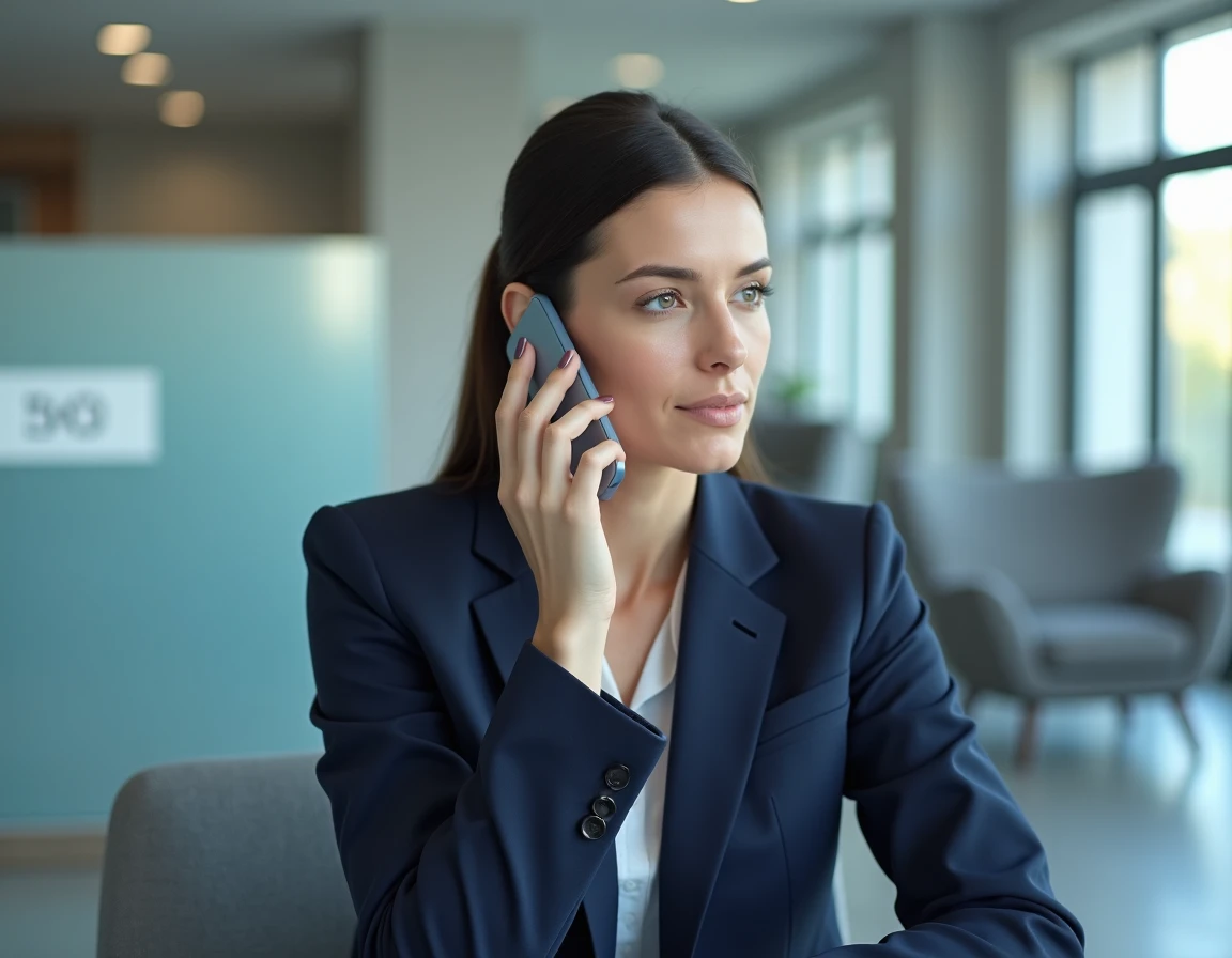 Femme au téléphone dans une salle d'attente bancaire cherchant des recours après un refus de crédit