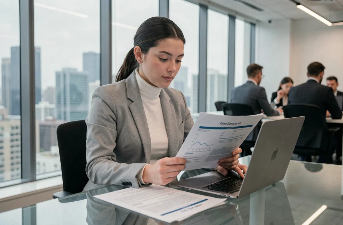 Femme trader analysant des documents de comparaison de prop firms dans un espace de co-working lumineux avec vue sur la ville