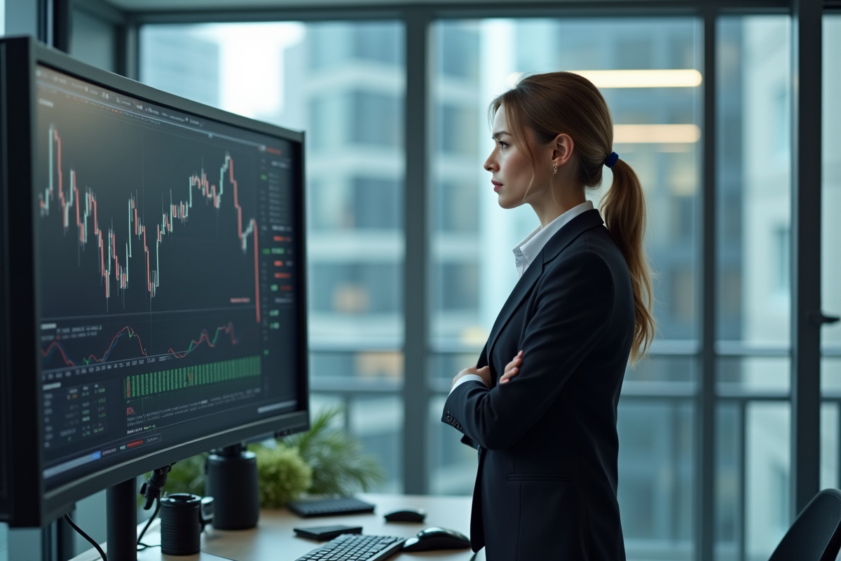Femme d affaires regardant un écran de trading en milieu urbain