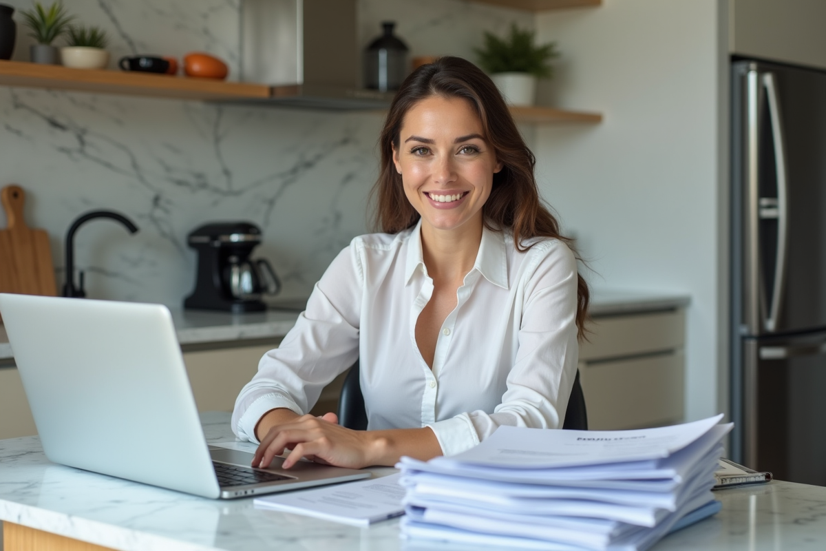 Femme en tenue décontractée étudie des papiers dans la cuisine