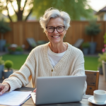 Femme assise en extérieur avec ordinateur et papiers