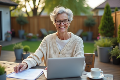 Femme assise en extérieur avec ordinateur et papiers