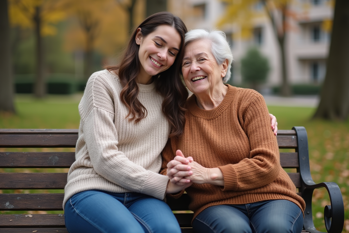 Jeune femme et mère souriantes en réconciliation dans un parc