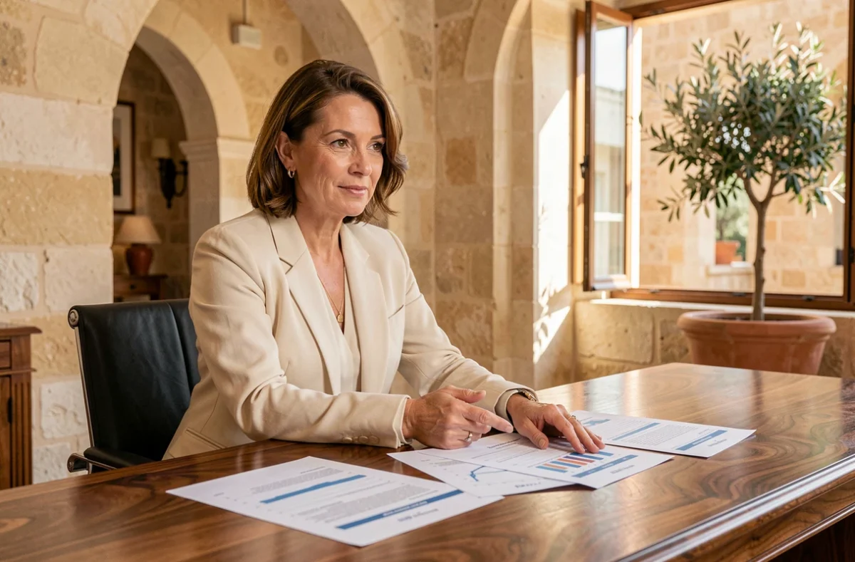 Courtière en crédit professionnel de Finance Conseil analysant un dossier de prêt dans un bureau élégant à Aix-en-Provence