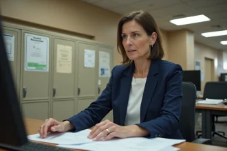 Fonctionnaire de la trésorerie SGC Nord Vendée examinant des documents administratifs officiels dans un bureau gouvernemental