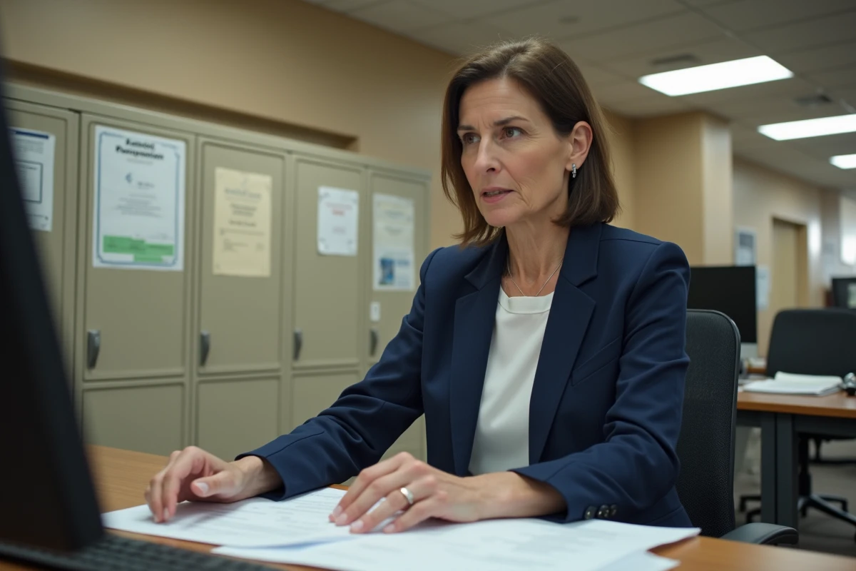 Fonctionnaire de la trésorerie SGC Nord Vendée examinant des documents administratifs officiels dans un bureau gouvernemental