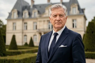 Portrait d'un homme politique français âgé devant un château en pierre, illustrant la fortune et le patrimoine familial