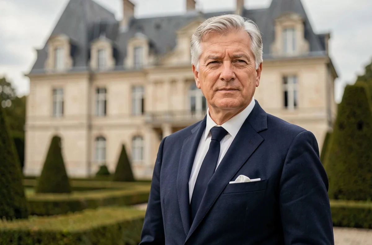 Portrait d'un homme politique français âgé devant un château en pierre, illustrant la fortune et le patrimoine familial