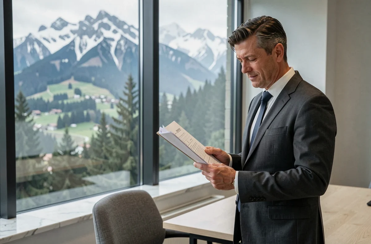 Expert-comptable de Forvis Mazars Pontarlier devant une fenêtre avec vue sur les montagnes du Jura enneigées