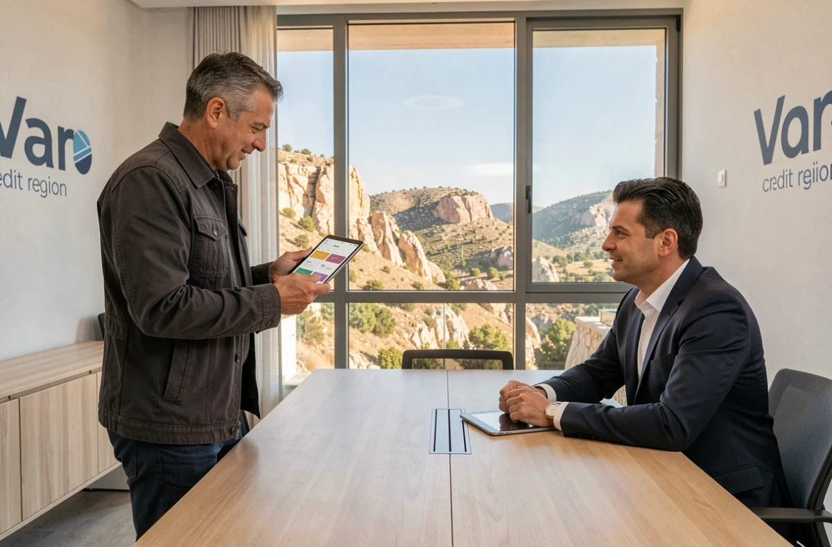 Courtier en crédit professionnel de GATT INVEST consultant des comparaisons de taux sur tablette avec un client dans un bureau du Var avec vue sur le paysage méditerranéen