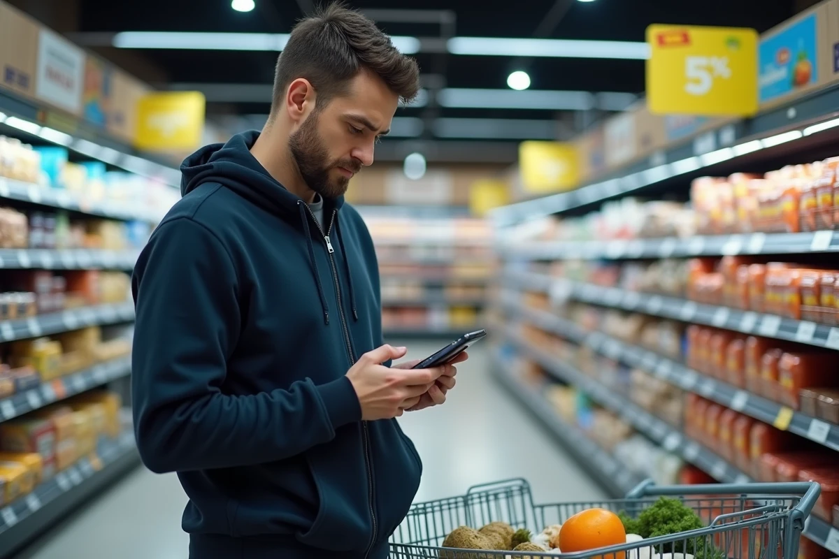 Homme utilisant une application de gestion de trésorerie pour ses courses dans un supermarché Leclerc