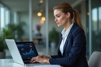 Femme professionnelle gérant sa trésorerie d'entreprise sur une plateforme bancaire en ligne au bureau