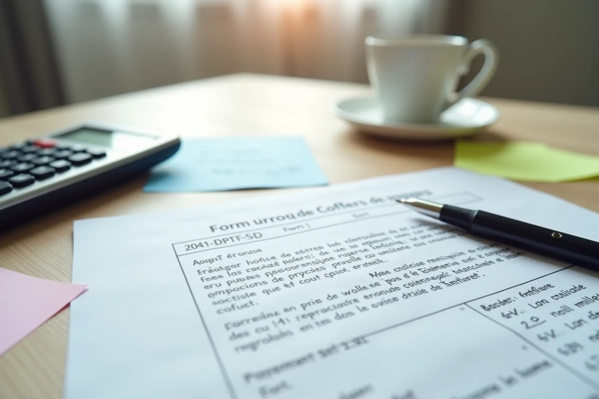 Gros plan sur un formulaire fiscal 2041-DPTF-SD et une lettre de contestation manuscrite posés sur un bureau