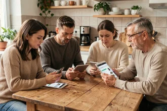 Groupe d'amis consultant une cagnotte Leetchi sur smartphone autour d'une table, discutant des frais et de leur impact sur les dons collectés