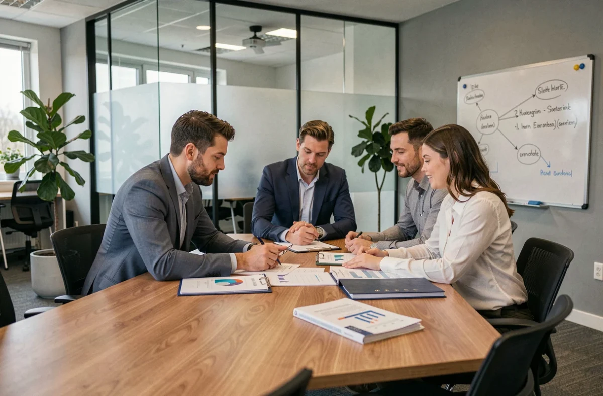 Équipe du Groupe Aventys réunie en réunion stratégique dans un bureau moderne en Gironde