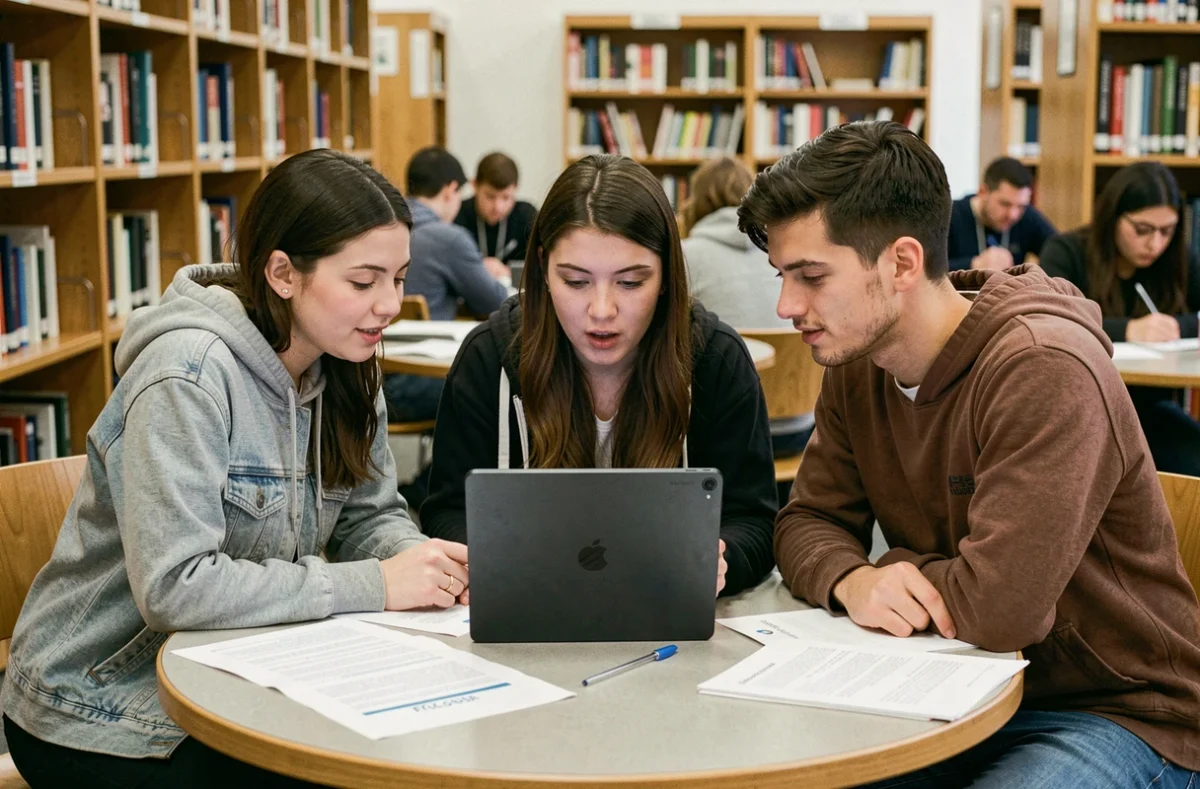 Groupe d'étudiants en apprentissage analysant ensemble les avis et pratiques d'une bourse apprentissage en ligne
