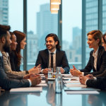 Groupe de professionnels en réunion d'équipe dans un bureau moderne