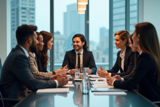 Groupe de professionnels en réunion d'équipe dans un bureau moderne