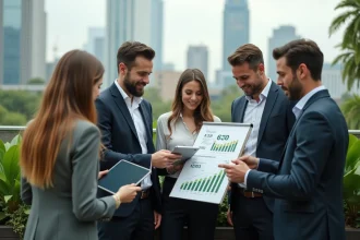 Groupe de professionnels discutant de croissance verte en rooftop