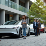 Groupe divers d adultes devant voitures électriques modernes