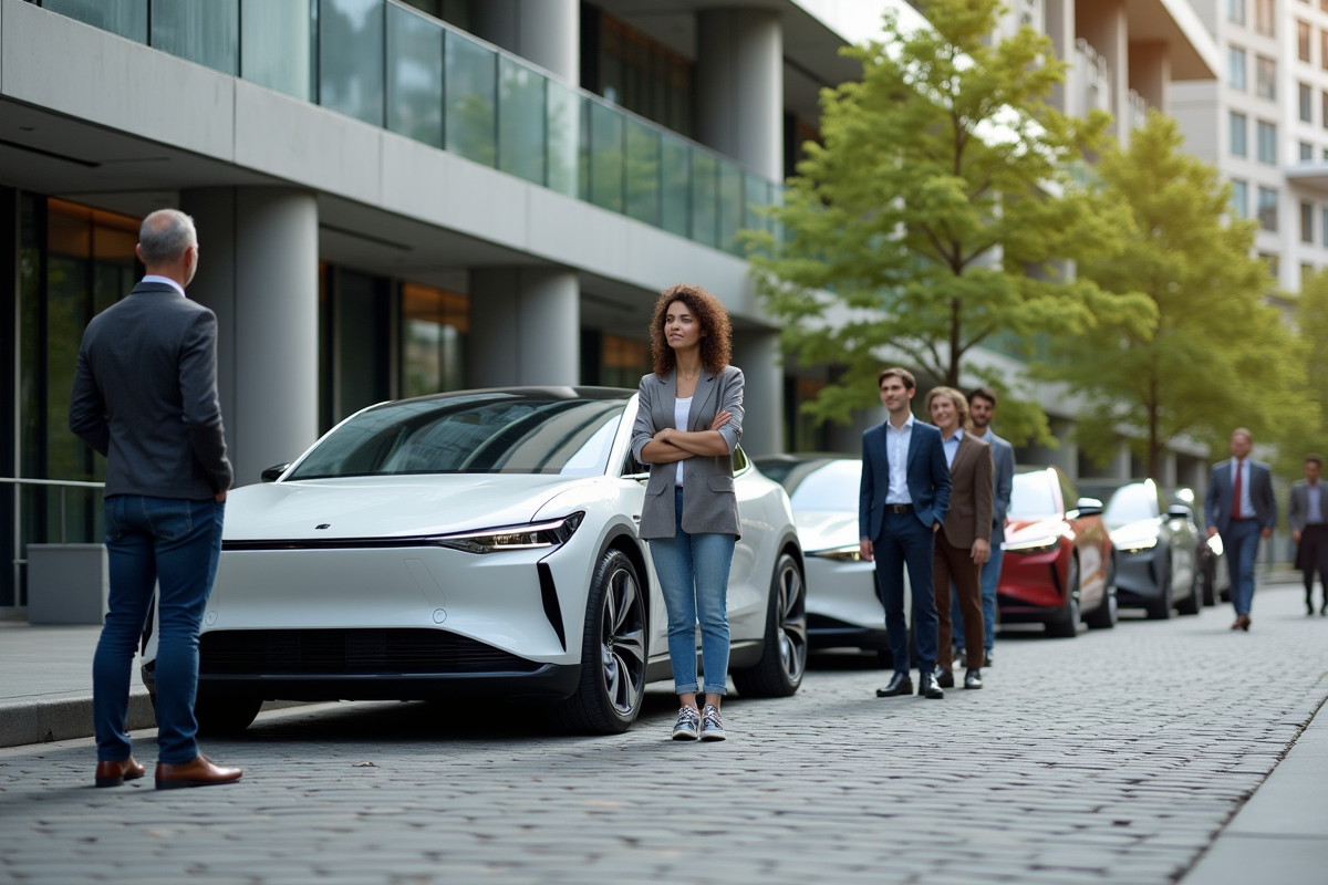 Groupe divers d adultes devant voitures électriques modernes