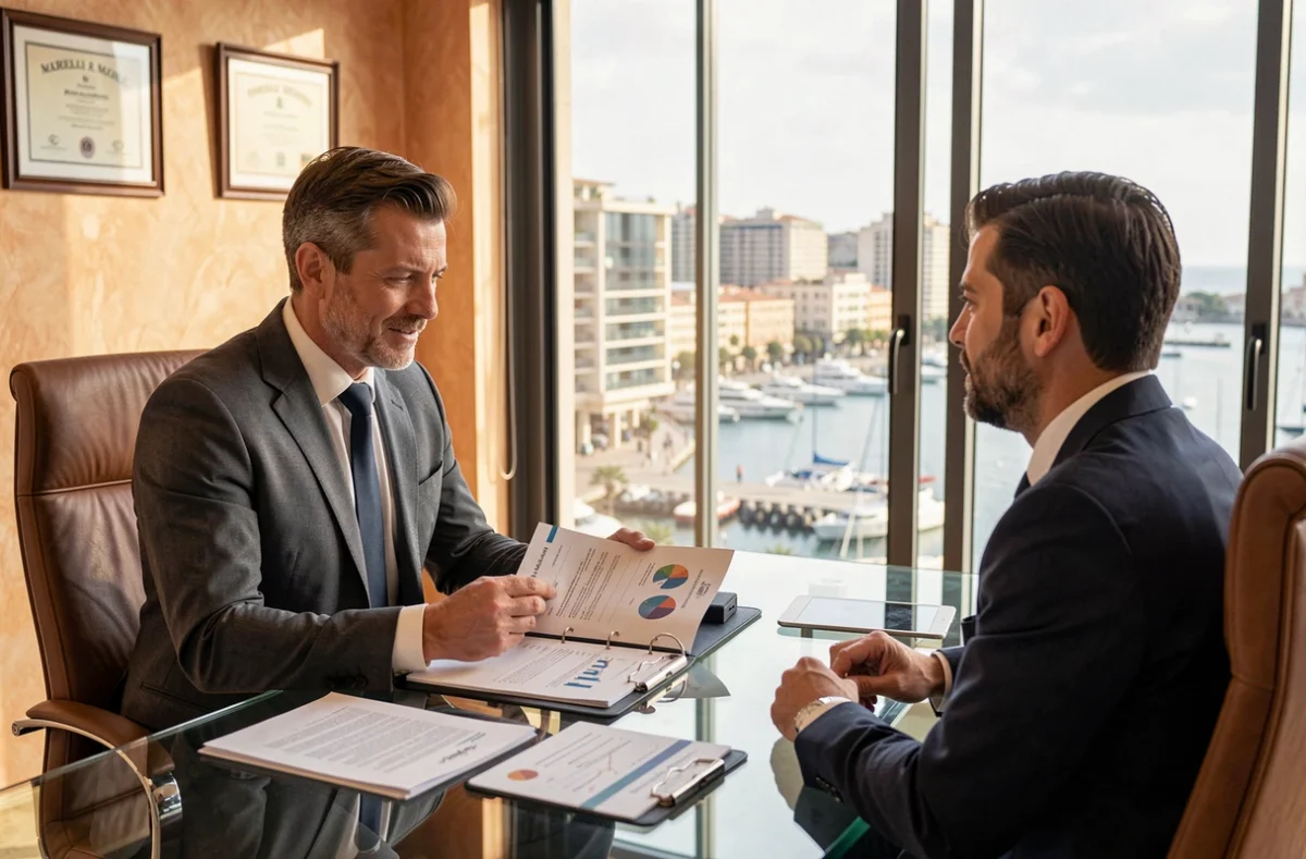 Conseiller en crédit professionnel d'Hagnere Patrimoine présentant un dossier de financement à un client dans un bureau avec vue sur le port de Marseille